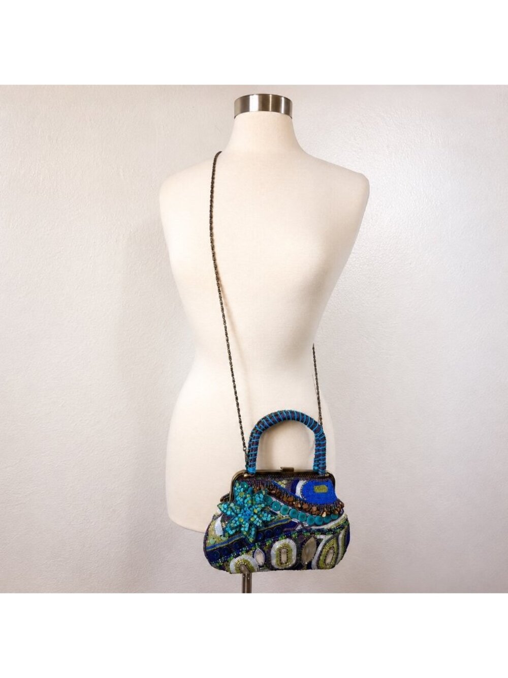 Chico's Beaded Evening Bag Blue Purple Floral Embellished Top Handle Purse - Picture 12 of 16